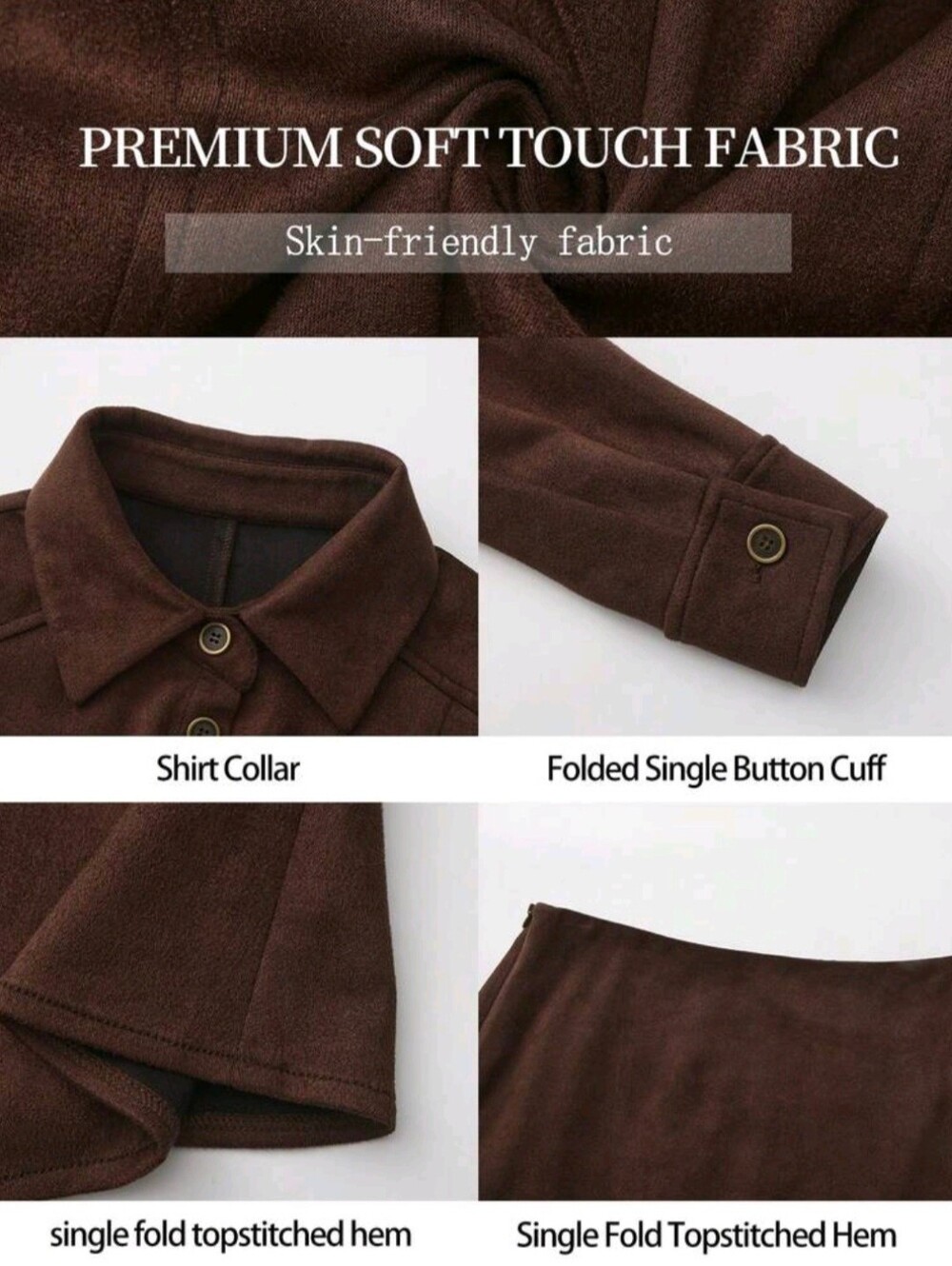 Brown Suede 2-Piece Set, Lapel Pocket Fitted Long Sleeve Top & A-Line Mini Skirt - Picture 6 of 9